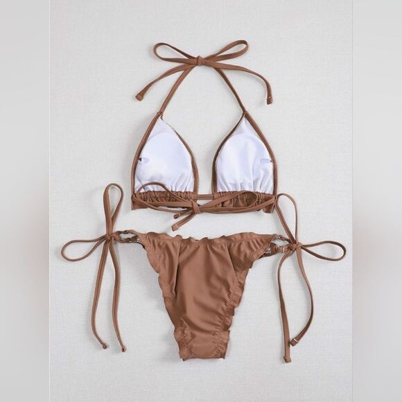 🔸️NWT Brown Lettuce Trim Side Tie String Bikini Medium - Picture 3 of 10